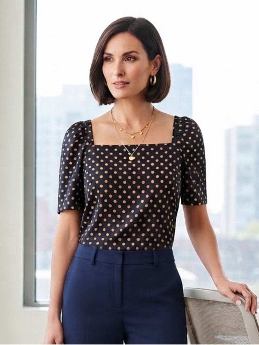 Ann Taylor Black Square-Neck Top with Mustard Polka Dots